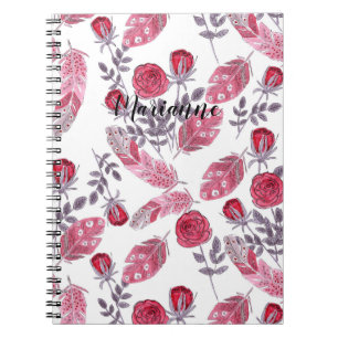 Aquarellfarbene rote Federn Blume Weiß beide Notizblock