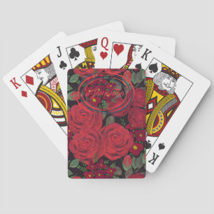 Aquarellfarbene rote Rosen auf schwarz Spielkarten
