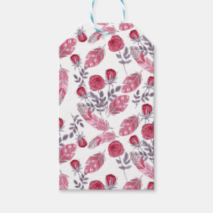 Aquarellfarbene rote Rosen Blume federn Weiß Geschenkanhänger