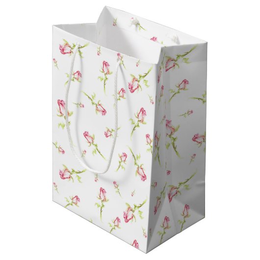 Aquarellfarbene Rote Rosen Handgestrichen Mittlere Geschenktüte (Vorderseite Schrägansicht)