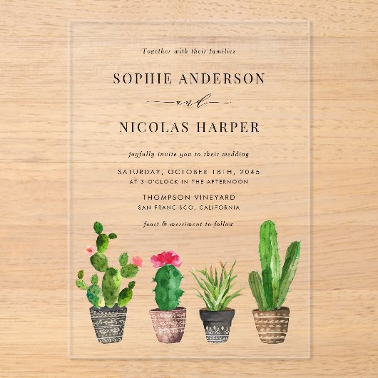 Aquarellfarbene Säkulente und Kakteen Hochzeiten Acryleinladungen (Vorderseite)