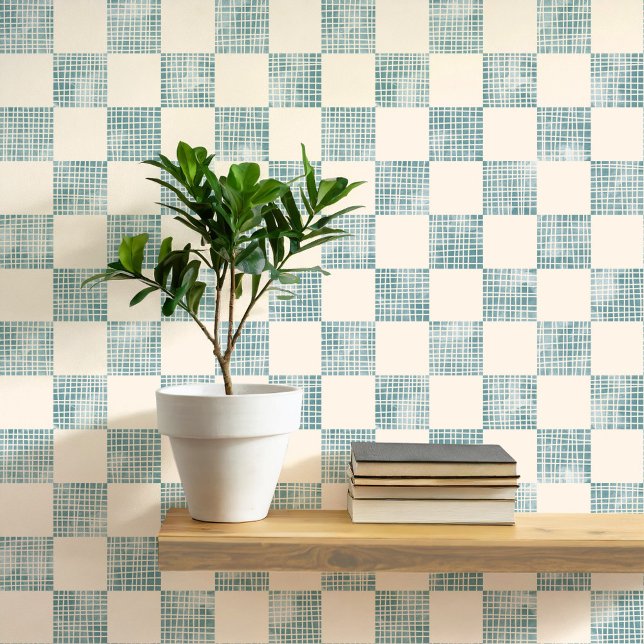 Aquarellfarbene Schachbretter Meerschäube Geometri Tapete (Geometric checker square patterned watercolor sea foam blue green and cream wallpaper)