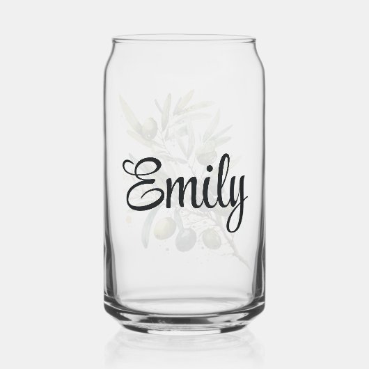 Aquarellfarbene schwarze und grüne Oliven auf eine Dosenglas (Rückseite)