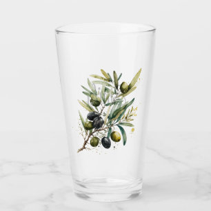 Aquarellfarbene schwarze und grüne Oliven auf eine Glas