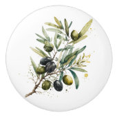 Aquarellfarbene schwarze und grüne Oliven auf eine Keramikknauf (Vorderseite)