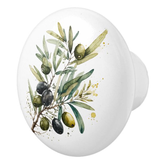 Aquarellfarbene schwarze und grüne Oliven auf eine Keramikknauf (Rechts)