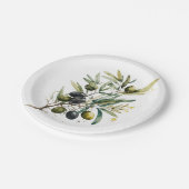 Aquarellfarbene schwarze und grüne Oliven auf eine Pappteller (Schrägansicht)