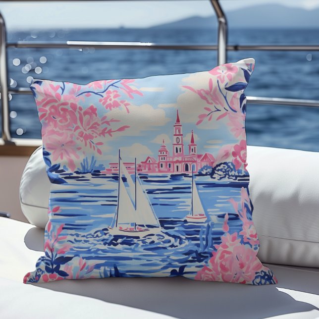 Aquarellfarbene Segelboote Blaue Gewässer Rosa Blü Kissen (Von Creator hochgeladen)