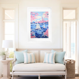 Aquarellfarbene Segelboote Blaue Gewässer Rosa Blü Poster