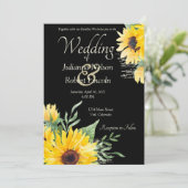 Aquarellfarbene Sonnenblumen auf schwarzer Hochzei Einladung (Stehend Vorderseite)