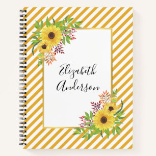 Aquarellfarbene Sonnenblumen, gelbe und weiße Stre Notizblock