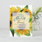 Aquarellfarbene Sonnenblumen mit blauen Hochzeiten Einladung (Stehend Vorderseite)