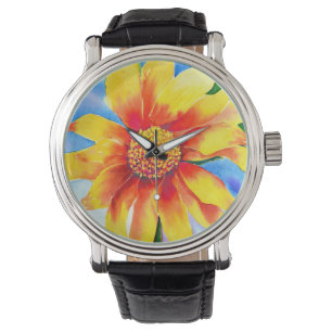 Aquarellfarbene Sonnenblumenmalerei Armbanduhr