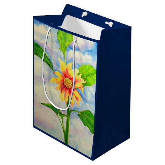 Aquarellfarbene Sonnenblumenmalerei Mittlere Geschenktüte (Vorderseite Schrägansicht)