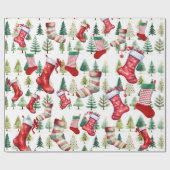 Aquarellfarbene Strümpfe Weihnachtsbäume Geschenkpapier (Flach)