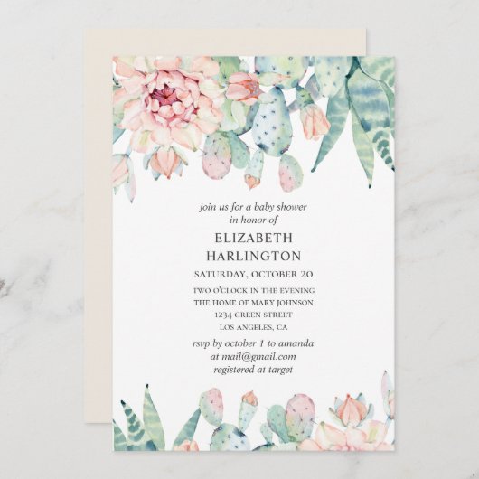 Aquarellfarbene Sukkulente Babydusche. Blumenkaktu Einladung (Vorne/Hinten)