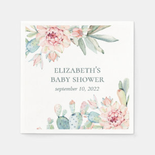 Aquarellfarbene Sukkulente Babydusche. Blumenkaktu Serviette