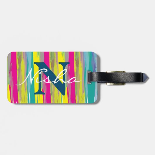 Aquarellfarbene Textur Blaues weißes Monogramm Gepäckanhänger (Rückseite horizontal)