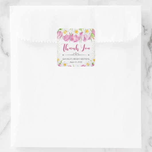 Aquarellfarbene Tulpen und Affodien 16 . Geburtsta Quadratischer Aufkleber (Tasche)