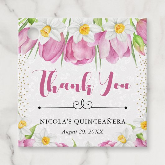Aquarellfarbene Tulpen und Affodien Quinceanera Geschenkanhänger (Vorderseite)