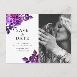 Aquarellfarbene violette Blumen. Save the Date Postkarte