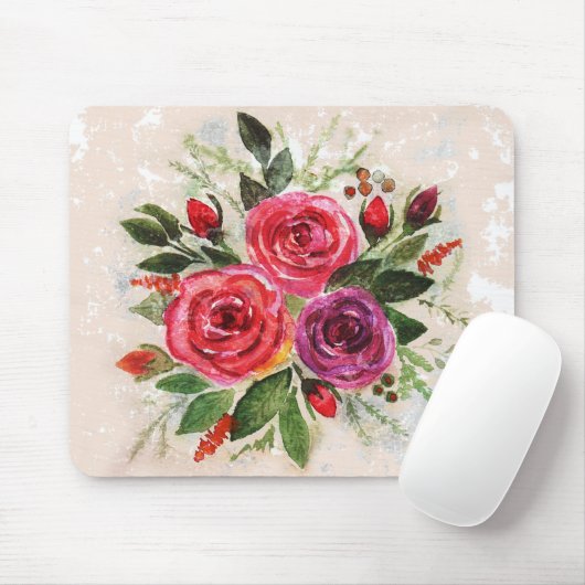 Aquarellfarbene violette Rose Blume Blätter Mousepad (Mit Mouse)