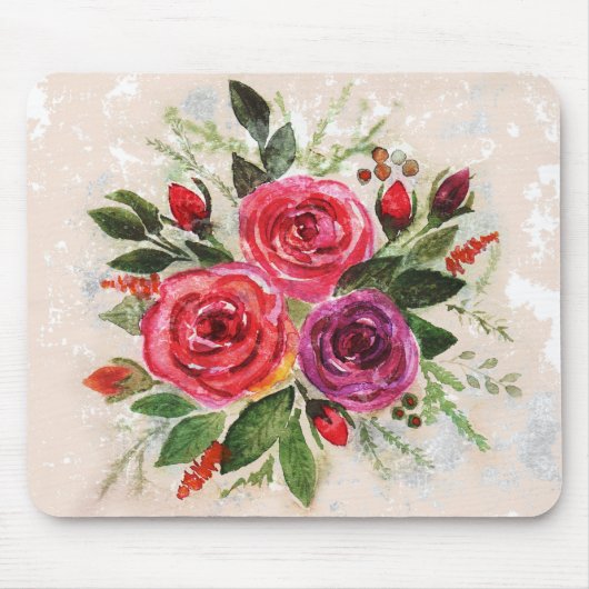 Aquarellfarbene violette Rose Blume Blätter Mousepad (Vorne)