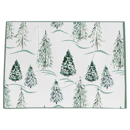 Aquarellfarbene Weihnachtsbäume. Winterwald. Große Geschenktüte (Vorderseite)