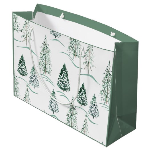 Aquarellfarbene Weihnachtsbäume. Winterwald. Große Geschenktüte (Rückseite Schrägansicht)