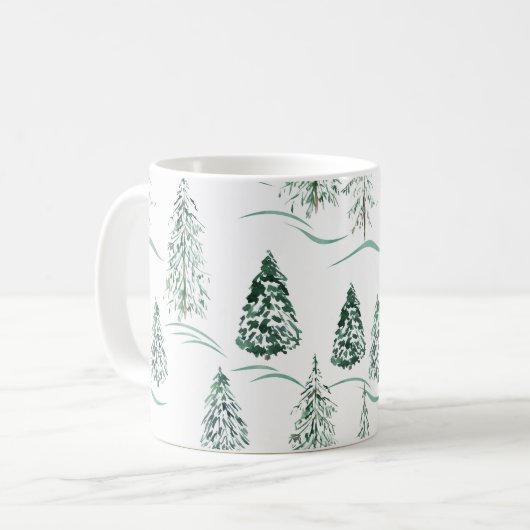 Aquarellfarbene Weihnachtsbäume. Winterwald. Kaffeetasse (Vorderseite Links)