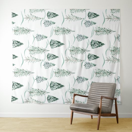 Aquarellfarbene Weihnachtsbäume. Winterwald. Wandteppich (Beispiel (Horizontal))