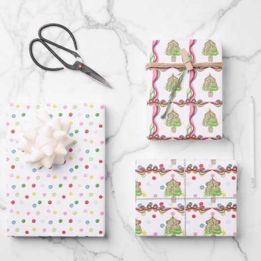 Aquarellfarbene Weihnachtsbaumen Geschenkpapier Set (Vorderseite)
