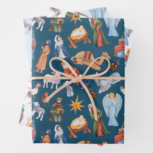 Aquarellfarbene Weihnachtskrippen Geschenkpapier Set (Beispiel)