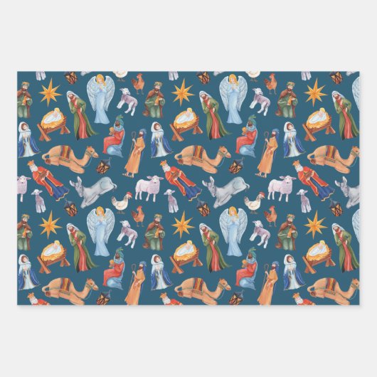 Aquarellfarbene Weihnachtskrippen Geschenkpapier Set (Vorderseite)