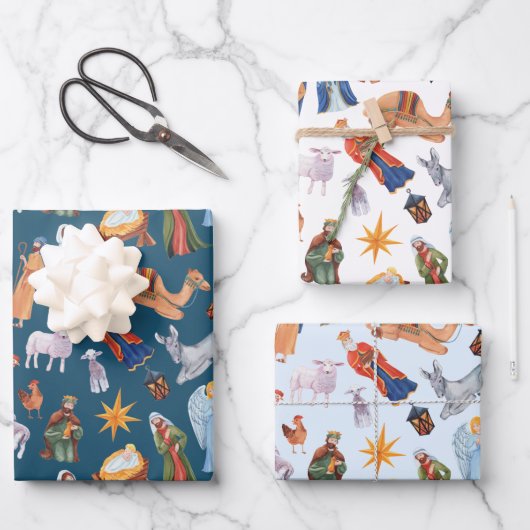 Aquarellfarbene Weihnachtskrippen Geschenkpapier Set (Vorderseite)