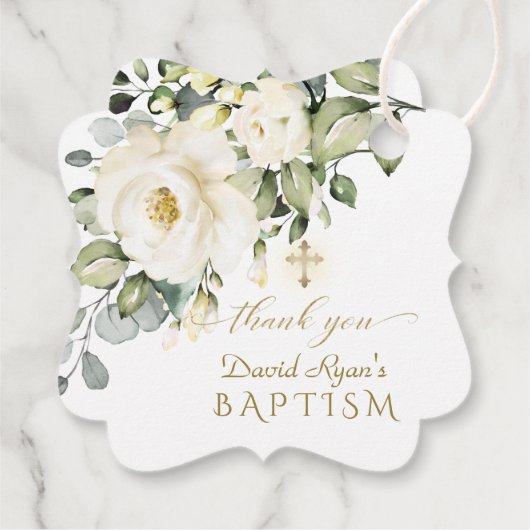 Aquarellfarbene Weiße Blume Goldkreuztaufe Geschenkanhänger (Rückseite)