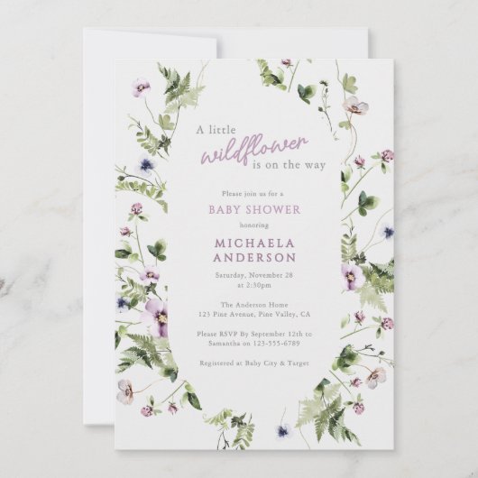 Aquarellfarbene Wildblume auf dem Weg zur Babydusc Einladung (Vorderseite)