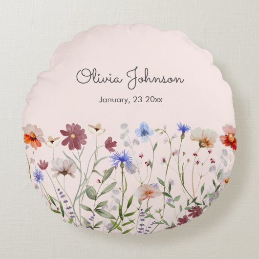 Aquarellfarbene Wildblume Baby Birth Keepake Rundes Kissen (Vorderseite)