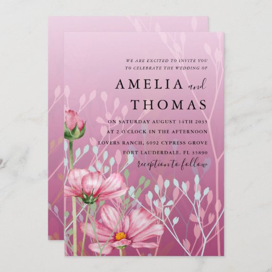 Aquarellfarbene Wildblume & Foliage Hochzeit Einladung (Vorne/Hinten)