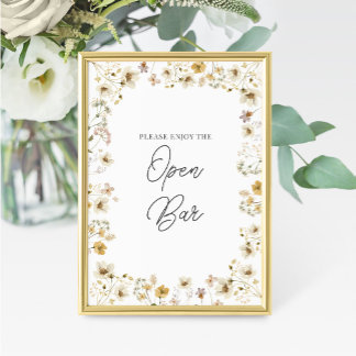 Aquarellfarbene Wildblume Hochzeit Open Bar Sign