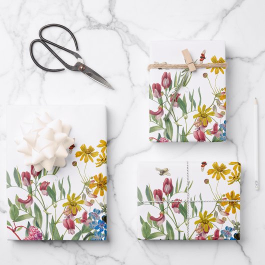 Aquarellfarbene Wildblume Insekten Blumengarten Geschenkpapier Set (Vorderseite)