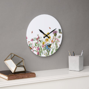 Aquarellfarbene Wildblume Insekten Blumengarten Große Wanduhr