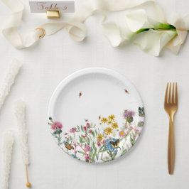 Aquarellfarbene Wildblume Insekten Blumengarten Pappteller