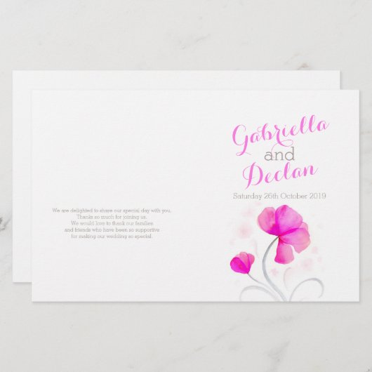 Aquarellfarbene Wildblume Rosa-Grau Hochzeitsprogr (Vorne/Hinten)
