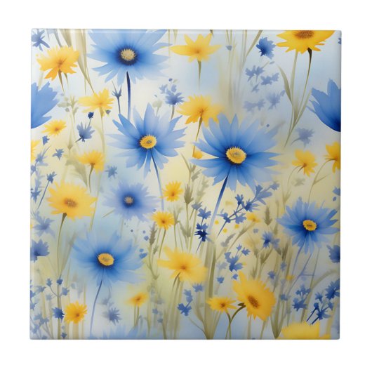 Aquarellfarbene Wildblumen auf Cornblumenblauer Fliese (Vorderseite)