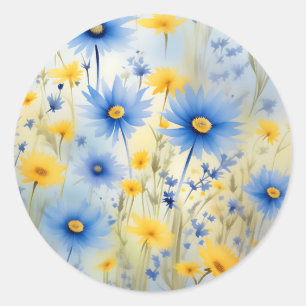 Aquarellfarbene Wildblumen auf Cornblumenblauer Runder Aufkleber