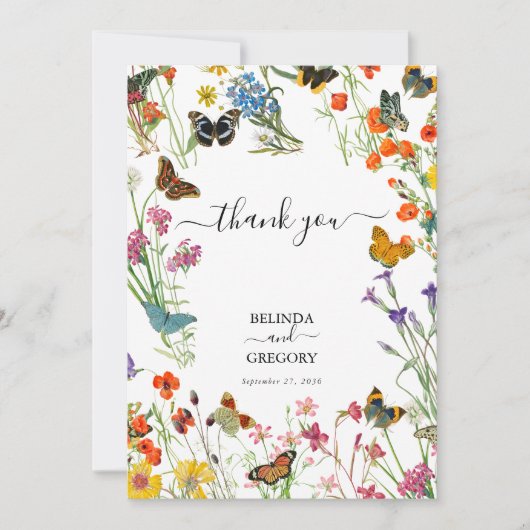 Aquarellfarbene Wildblumen Butterfliegen Blumenzeh Dankeskarte (Vorderseite)