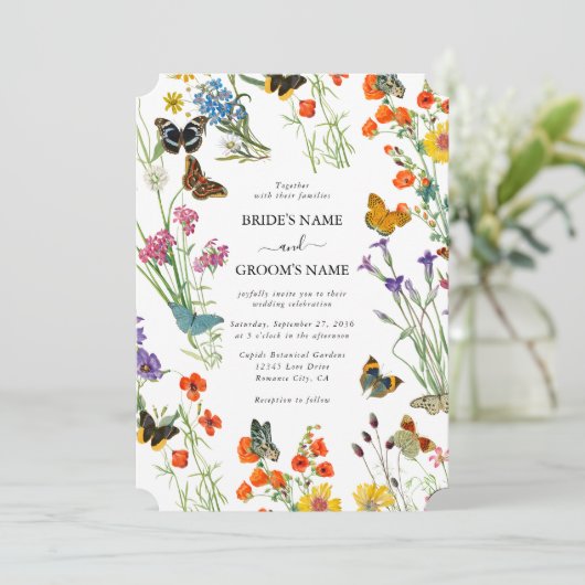 Aquarellfarbene Wildblumen Butterfliegen Blumenzeh Einladung (Stehend Vorderseite)