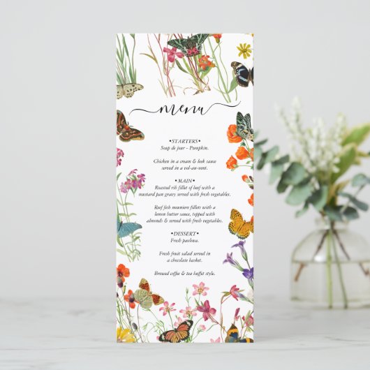 Aquarellfarbene Wildblumen Butterfliegen Blumenzeh Menükarte (Stehend Vorderseite)
