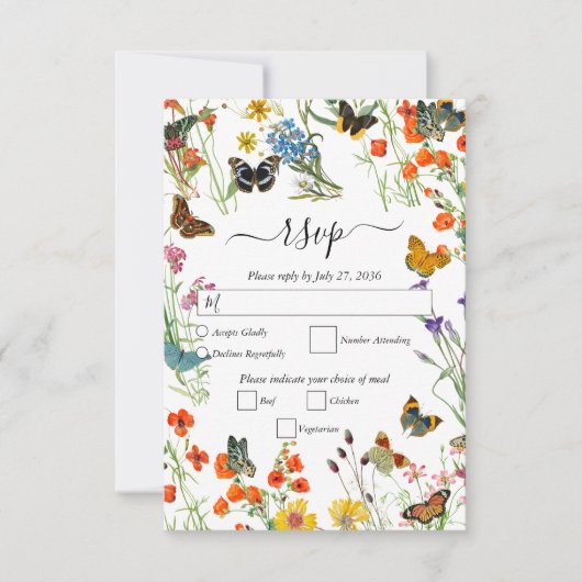 Aquarellfarbene Wildblumen Butterfliegen Blumenzeh RSVP Karte (Vorderseite)